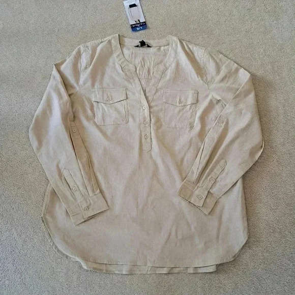 NWT Tahari Long Sleeved Linen Blouse Roll Sleeve Tan Large Popover Style Top - Picture 16 of 16